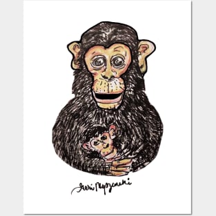 a Mother Monkey cuddling her chimp Posters and Art